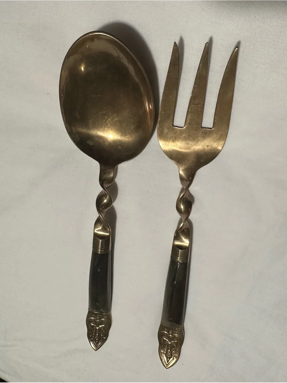 Twisted-Handle Brass Serving Spoon and Fork Set with Brown Handles